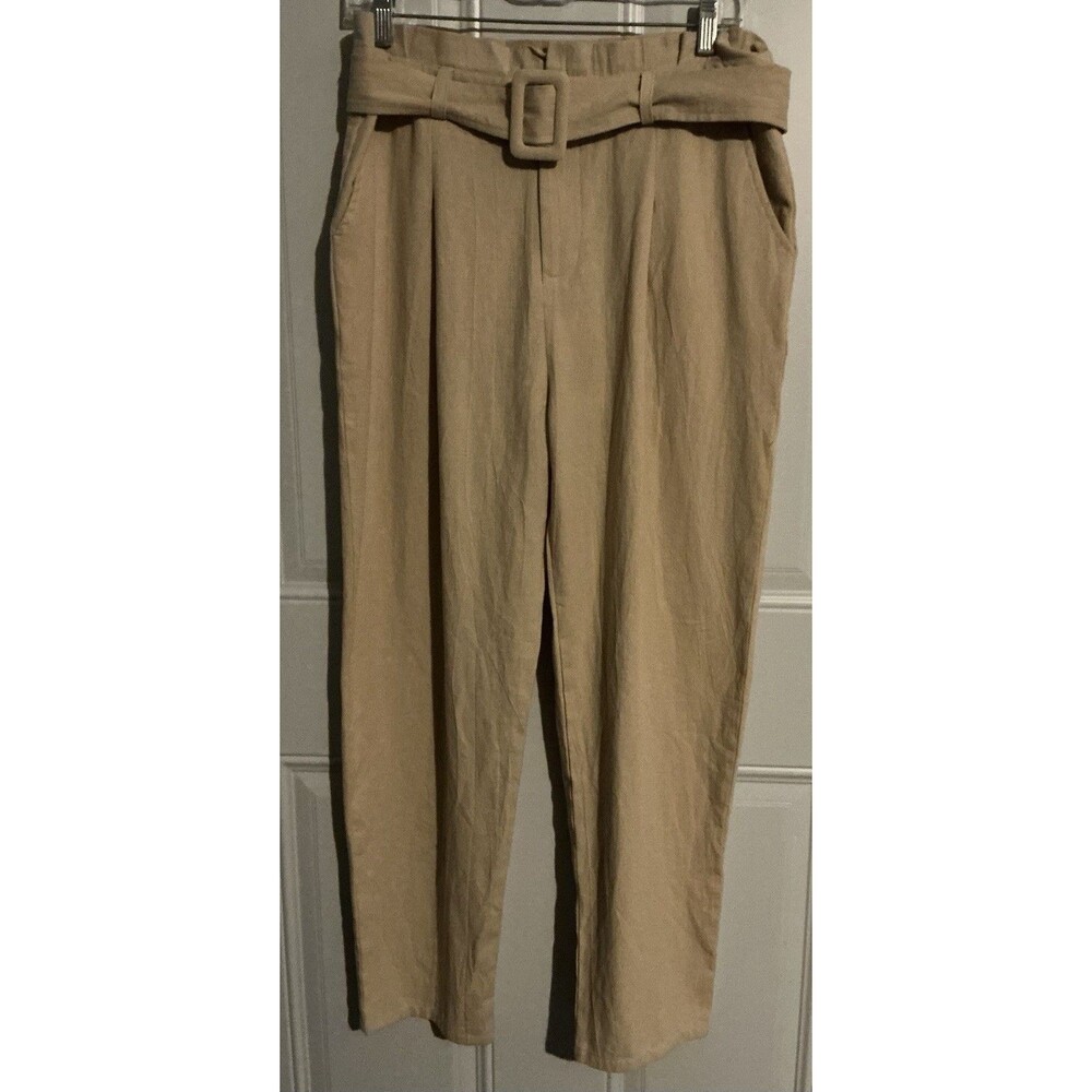 Umgee USA Pleated Linen Trousers Womens Large High Waisted Fabric Buckle NWT